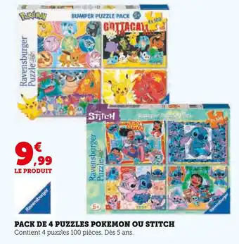 Hyper U Pack de 4 puzzles pokemon ou stitch offre