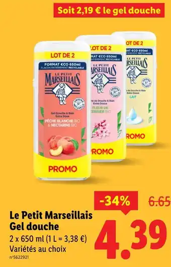 Lidl Le Petit Marseillais Gel douche Pêche Blanche Bio & Nectarine Bio offre