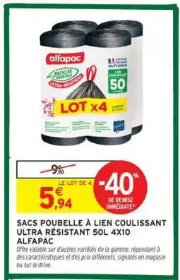 Intermarché SACS POUBELLE À LIEN COULISSANT ULTRA RÉSISTANT 50L 4X10 ALFAPAC offre
