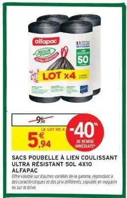 Intermarché SACS POUBELLE À LIEN COULISSANT ULTRA RÉSISTANT 50L 4X10 ALFAPAC offre