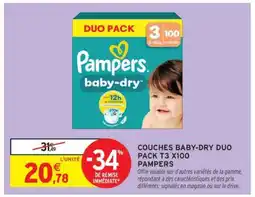 Intermarché COUCHES BABY DRY DUO PACK T3 X100 PAMPERS offre