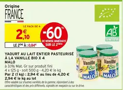 Intermarché Hyper MALO Yaourt au lait entier pasteurisé à la vanille bio x 4 offre