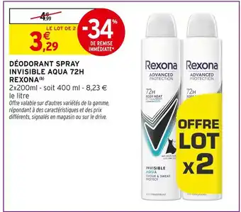 Intermarché Hyper REXONA Déodorant spray invisible aqua 72h offre