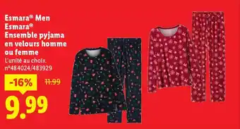 Men esmara ensemble pyjama en velours homme ou femme