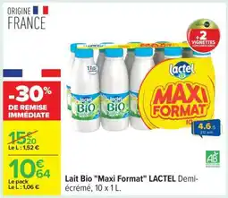 Carrefour Lait Bio Maxi Format LACTEL Demi-écrémé, 10 x 1 L offre