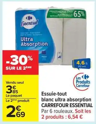 Carrefour Essuie-tout blanc ultra absorption CARREFOUR ESSENTIAL offre
