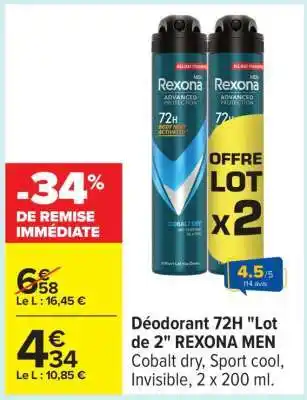 Carrefour Déodorant 72H Lot de 2 REXONA MEN offre
