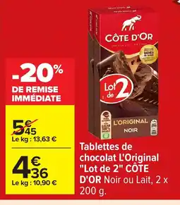 Carrefour CÔTE D'OR Tablettes de chocolat L'Original Lot de 2 offre