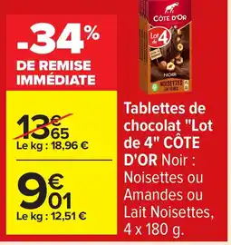 Carrefour CÔTE D'OR Tablettes de chocolat Lot de 4 offre