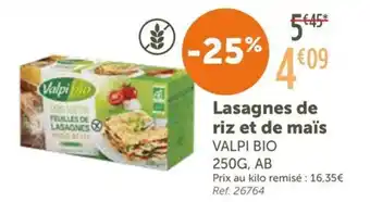 L'Eau Vive VALPI BIO Lasagnes de riz et de maïs offre