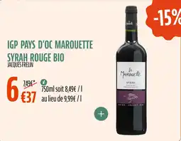 La Vie Claire Igp pays d'oc marouette syrah rouge bio offre