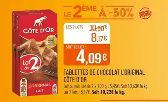 Match CÔTE D’OR Tablettes de chocolat L'Original offre