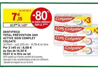 Intermarché Colgate Dentifrice Total Prévention 24H Active Soin Complet offre