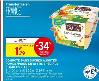 Intermarché CHARLES & ALICE Compote sans sucres ajoutés pomme/poire en offre spéciale offre
