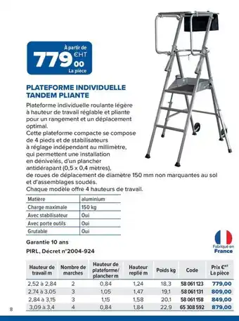 Prolians Plateforme individuelle tandem pliante offre