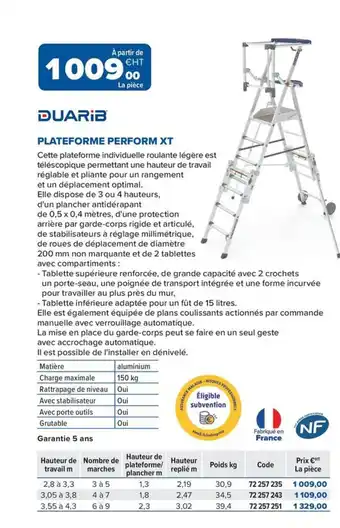 Prolians DUARIB Plateforme perform xt offre