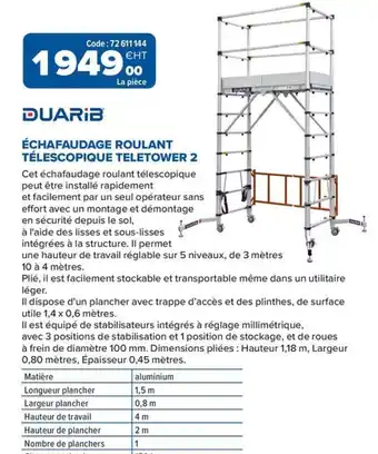 Prolians DUARIB Échafaudage roulant télescopique teletower 2 offre