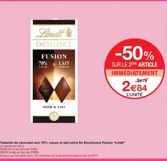 Monoprix LINDT Tablette de chocolat noir 70% cacao et lait extra fin Excellence Fusion offre
