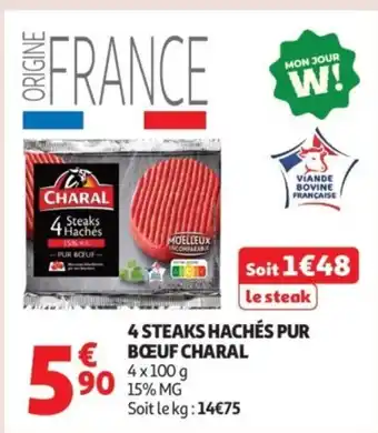 Auchan Supermarché CHARAL 4 steaks hachés pur bœuf offre