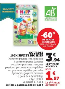 Hyper U HIPP Gourdes 100% fruits bio offre