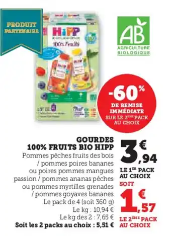 Hyper U HIPP Gourdes 100% fruits bio offre