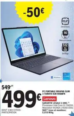 E.Leclerc PC PORTABLE IDEAPAD SLIM 3 15IRH10 83K100GNFR offre