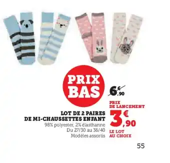 Hyper U Lot de 2 paires de mi-chaussettes enfant offre