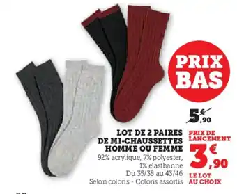 Hyper U Lot de 2 paires prix de de mi-chaussettes lancement homme ou femme offre