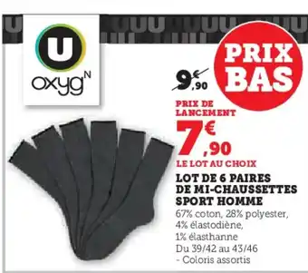 Hyper U Lot de 6 paires de mi-chaussettes sport homme offre