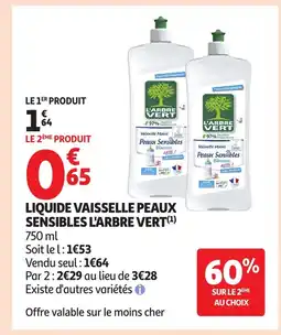 Auchan L'ARBRE VERT Liquide vaisselle peaux sensibles offre