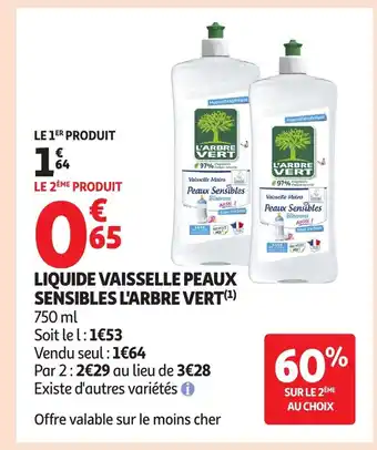 Auchan L'ARBRE VERT Liquide vaisselle peaux sensibles offre
