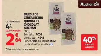 Auchan AUCHAN Muesli de céréales bio quinoa et chocolat offre
