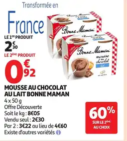 Auchan BONNE MAMAN Mousse au chocolat au lait offre