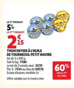 Auchan PETIT NAVIRE Thon entier à l'huile de tournesol offre