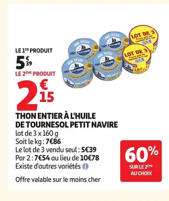 Auchan PETIT NAVIRE Thon entier à l'huile de tournesol offre
