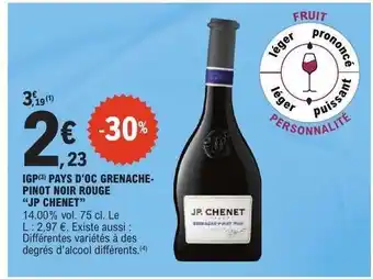 E.Leclerc IGP PAYS D'OC GRENACHE-PINOT NOIR ROUGE “JP CHENET” offre