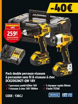 Screwfix DEWALT Pack double perceuse visseuse à percussion sans fil & visseuse à choc dck2062m2t-qw 18v offre