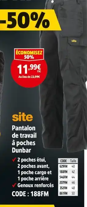 Screwfix SITE Pantalon de travail à poches dunbar offre