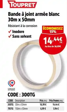 Screwfix TOUPRET Bande à joint armée blanc offre
