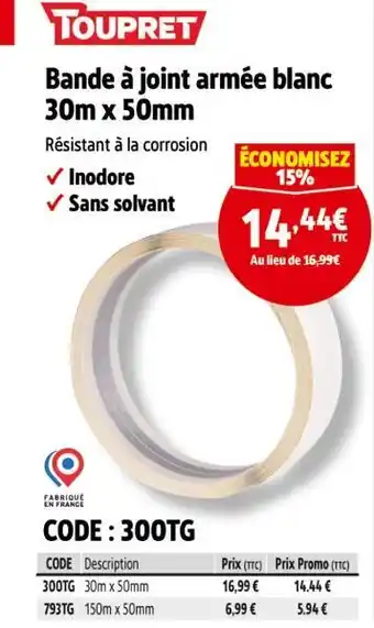 Screwfix TOUPRET Bande à joint armée blanc offre