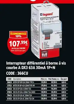 Screwfix LEGRAND Interrupteur différentiel à borne à vis courbe A DX3 63A 30mA 1P+N offre