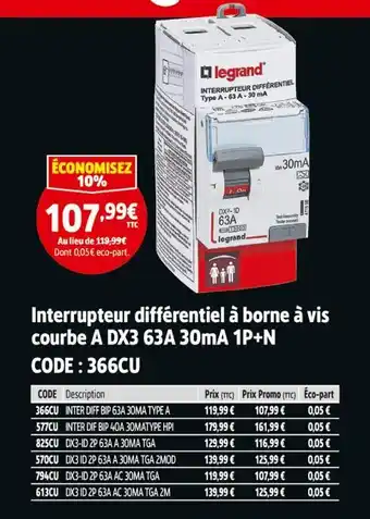 Screwfix LEGRAND Interrupteur différentiel à borne à vis courbe A DX3 63A 30mA 1P+N offre