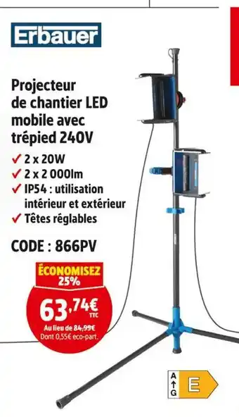 Screwfix ERBAUER Projecteur de chantier led mobile avec trépied 240v offre