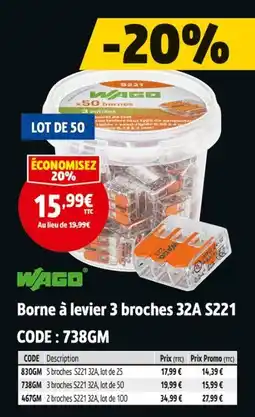 Screwfix WAGO Borne à levier 3 broches 32A S221 offre