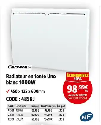 Screwfix CARRERA Radiateur en fonte uno blanc 1000w offre