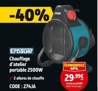 Screwfix ERBAUER Chauffage d'atelier portable 2500w offre