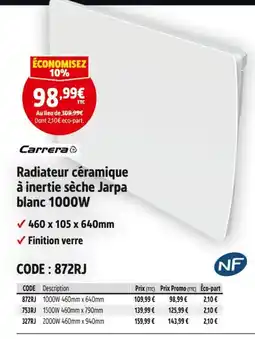 Screwfix CARRERA Radiateur céramique à inertie sèche Jarpa blanc 1000W offre