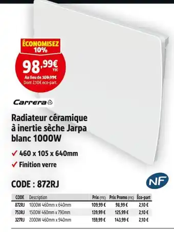 Screwfix CARRERA Radiateur céramique à inertie sèche Jarpa blanc 1000W offre