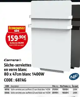 Screwfix CARRERA Sèche-serviettes en verre 80 x 47cm blanc 1400W offre