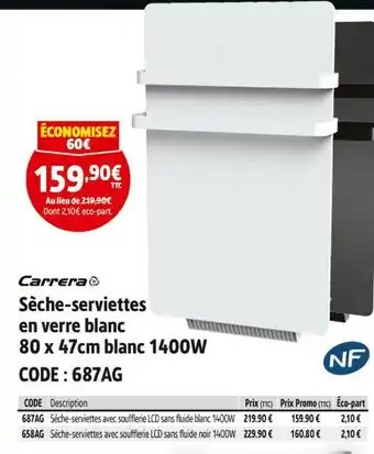 Screwfix CARRERA Sèche-serviettes en verre 80 x 47cm blanc 1400W offre